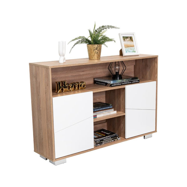 Mesa Auxiliar Recibidor Orus, Miel y Blanco, con Cuatro Puertas y Patas de Acero