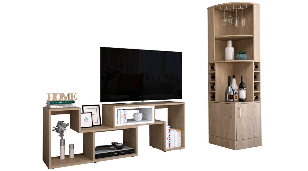Combo Para Sala Emmen, Incluye Bar Esquinero Y Mesa Para Tv.
